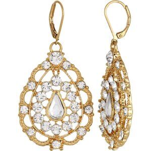 2028 Jewelry Clear Crystal Gold Plated Filigree Teardrop Dangle Earrings NWT